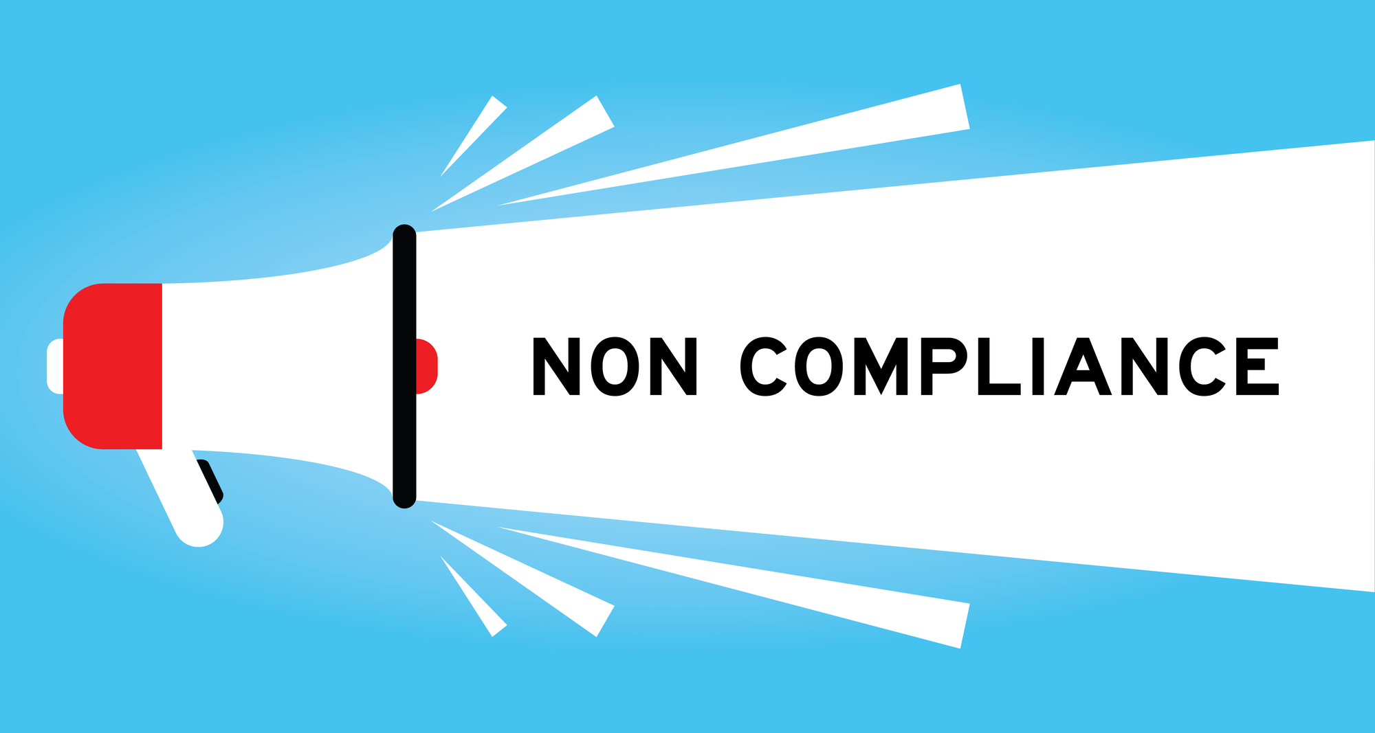 Illustration of a megaphone projecting the words "non compliance" related to PCI on a blue background.