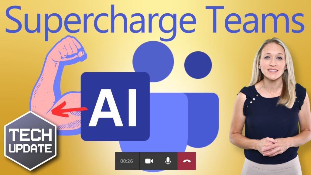 Promotional tech update video thumbnail featuring a woman presenting AI tools to enhance productive teamwork, with graphics of a muscle arm, AI icon, and team symbols.