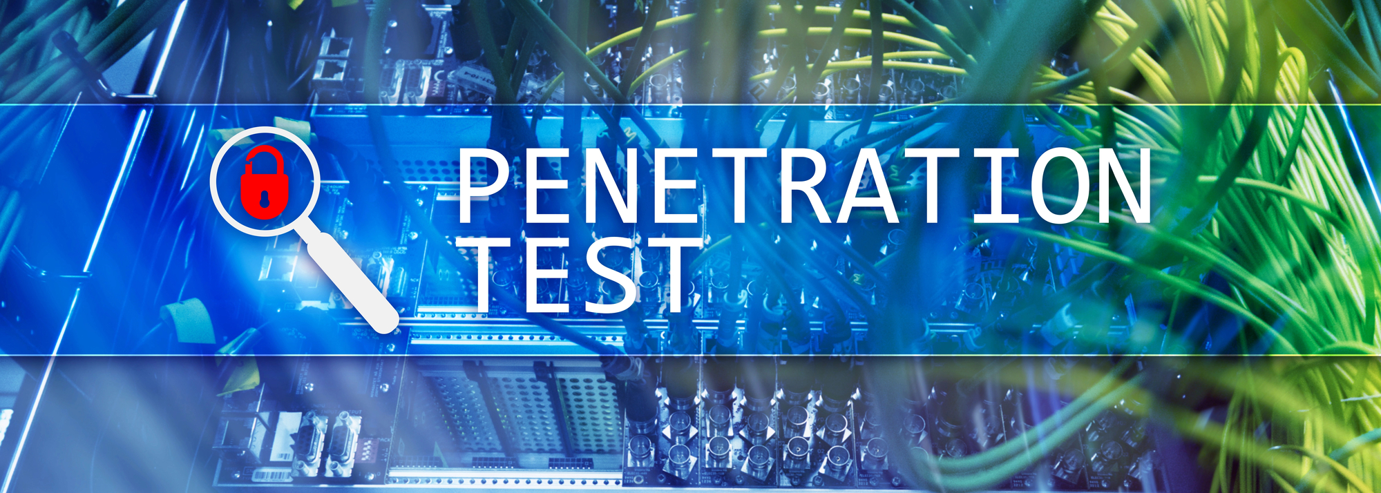 A banner with the words "what is network penetration testing" superimposed over an image of colorful network cables and computer hardware, highlighted by a magnifying glass on a security lock icon.