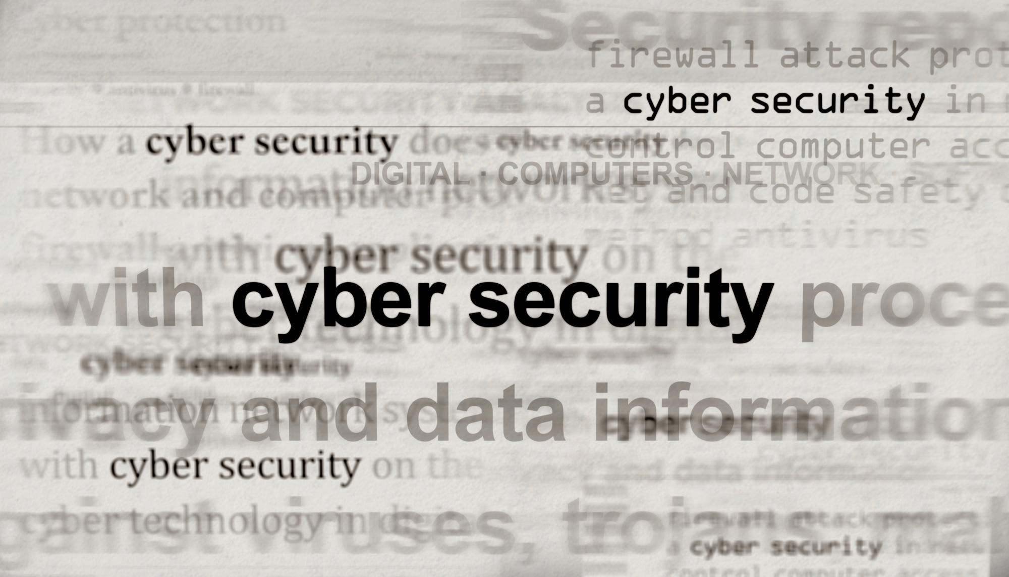 Background of various cybersecurity-related words in faded gray, with the phrase "What is Cybersecurity" in bold black font centered.