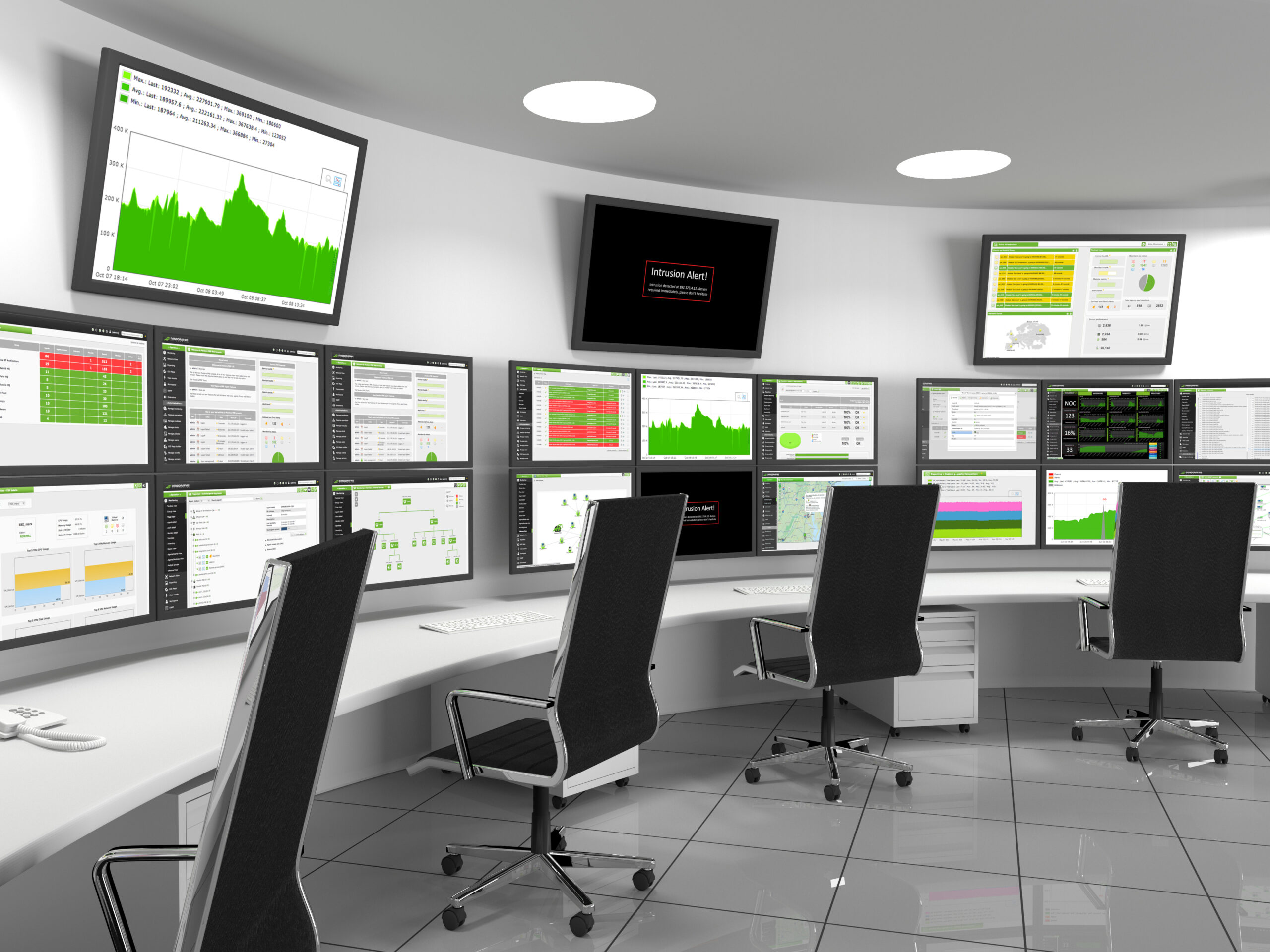 A modern data center management room with multiple computer screens displaying various data analytics, set in a sleek, white office environment with empty chairs.