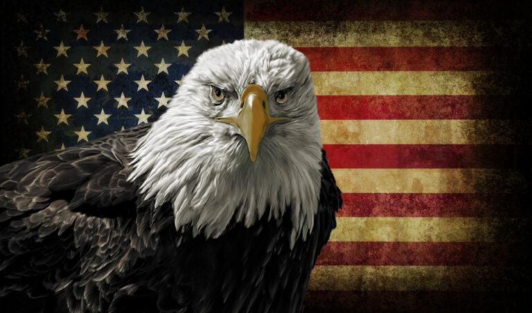 Representing the strength and resilience inherent in our it service for defense companies: an oil painting of a majestic bald eagle set against a battle-distressed american flag, symbolizing the unwavering commitment we bring to securing your it infrastructure.