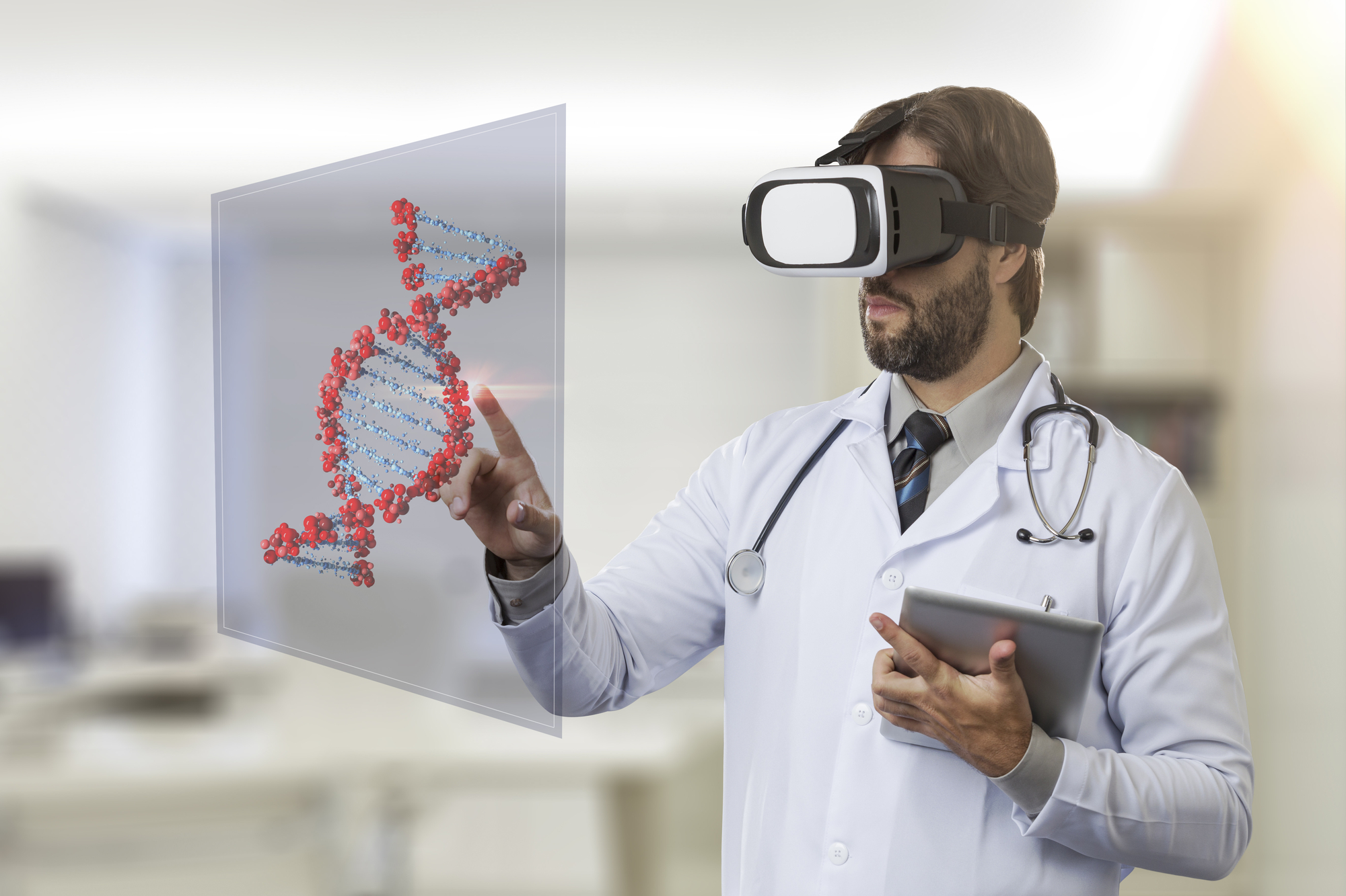 A doctor in a lab coat and vr headset interacts with a 3d hologram of a dna molecule while holding a tablet, utilizing it services for healthcare, in a clinical setting.