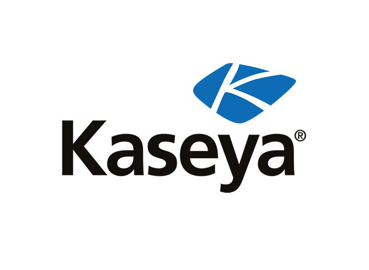 Logo of kaseya, featuring a stylized blue diamond shape above the company name in black text, symbolizing its partnerships and certifications.