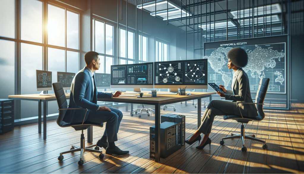 Two business people sitting at desks with monitors.