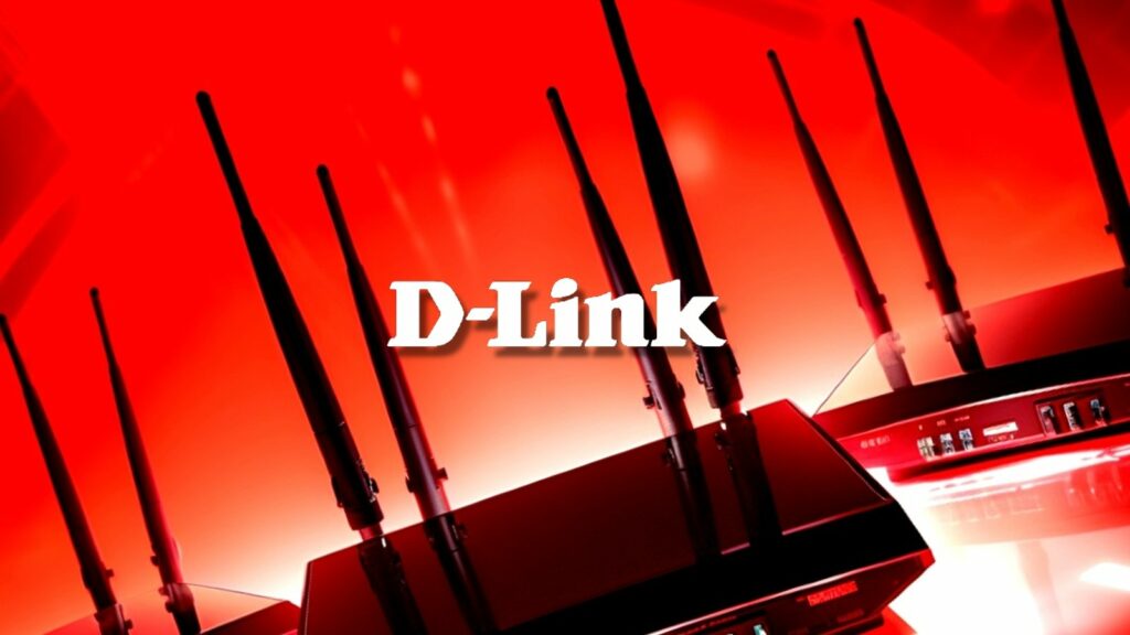 A group of D-Link routers on a red background.