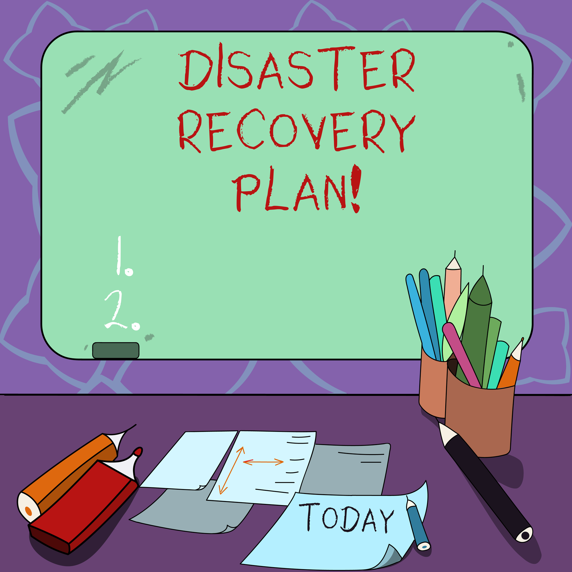 Discover what is Backup and Disaster Recovery Solutions Can do for your business. Business concept for plan for business stability in the event of disaster Mounted Blank Color Blackboard with Chalk and Writing Tools Sheets on Desk