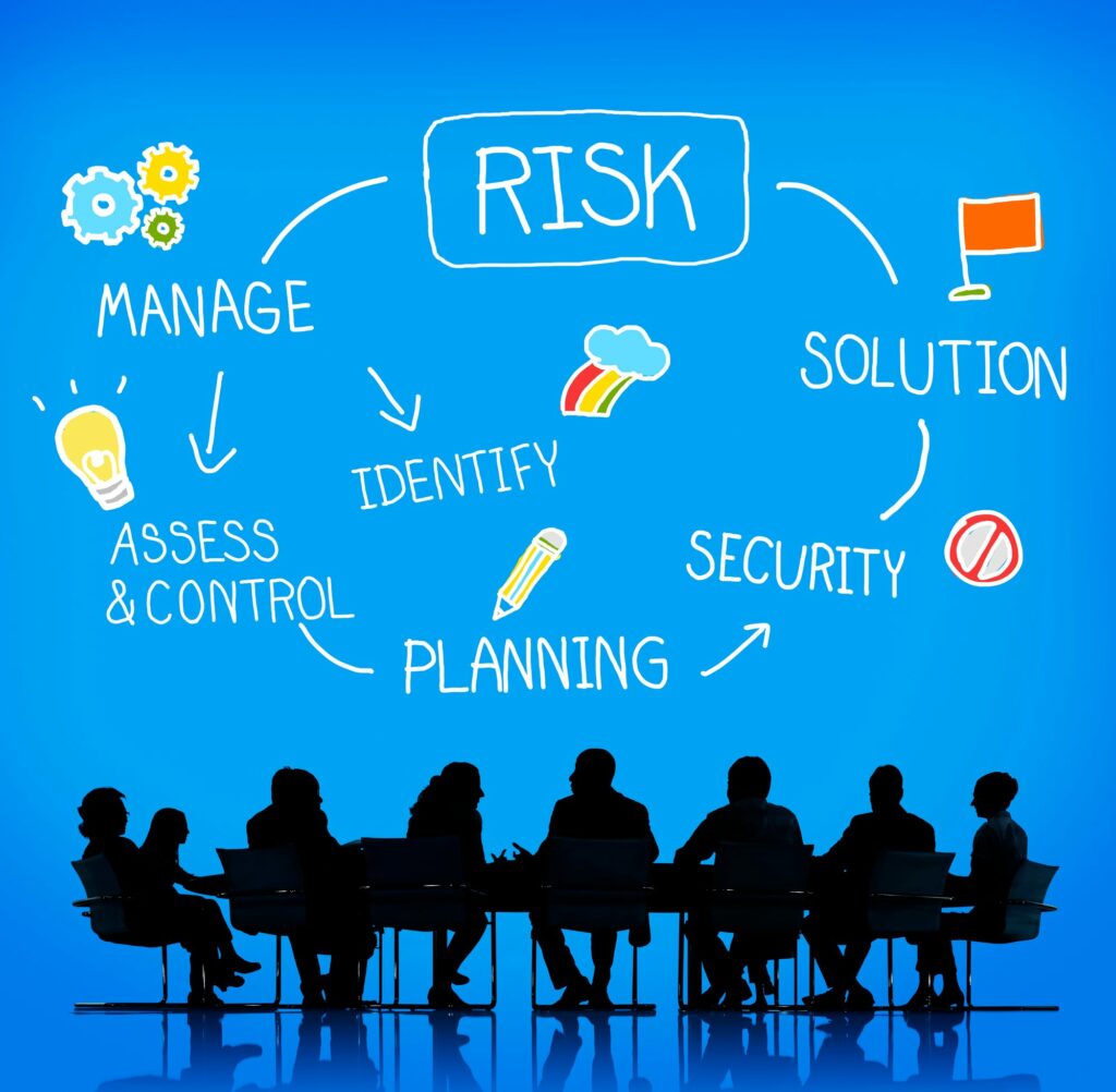 A compelling image featuring a detailed diagram of the Cybersecurity Risk Assessment process on a large screen, with a team of professionals sitting at a desk, collaboratively working to identify and mitigate potential cyber threats. The scene underscores the importance of teamwork and expertise in conducting effective Cybersecurity Risk Assessments.