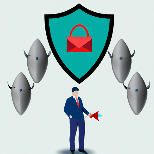 A man in a suit is holding a shield and a rocket, representing cybersecurity solutions.