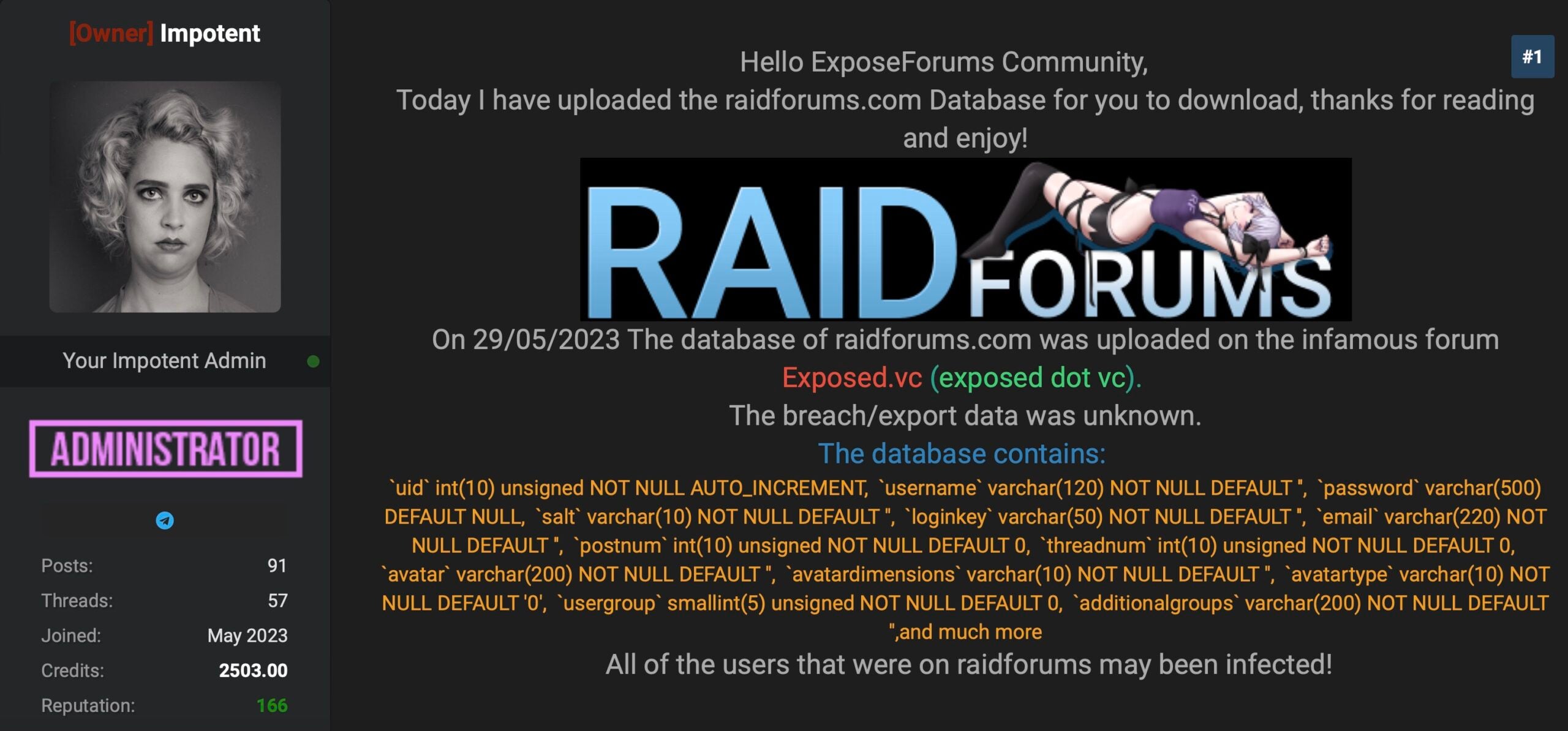 Massive data breach exposes RaidForums members - Cybersecurity Threat Alert.