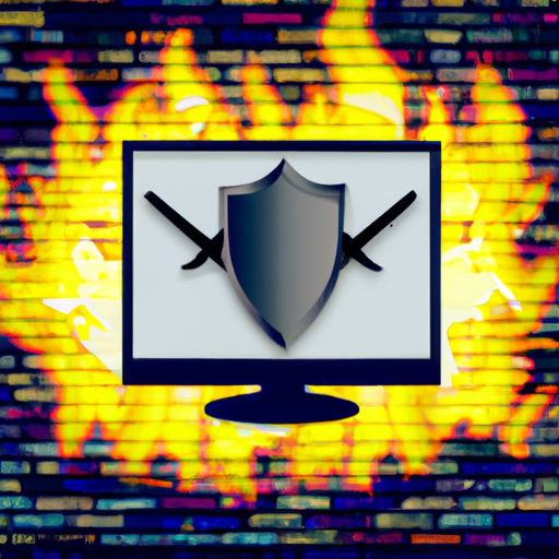 A computer screen displaying a shield amidst flames, symbolizing cybersecurity solutions.
