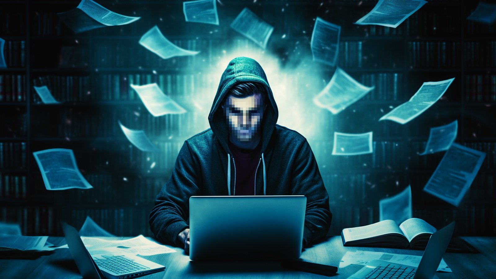 A man in a hoodie at a desk with papers flying around him amidst a Nationwide Student Clearinghouse Data Breach impacting 890 schools.