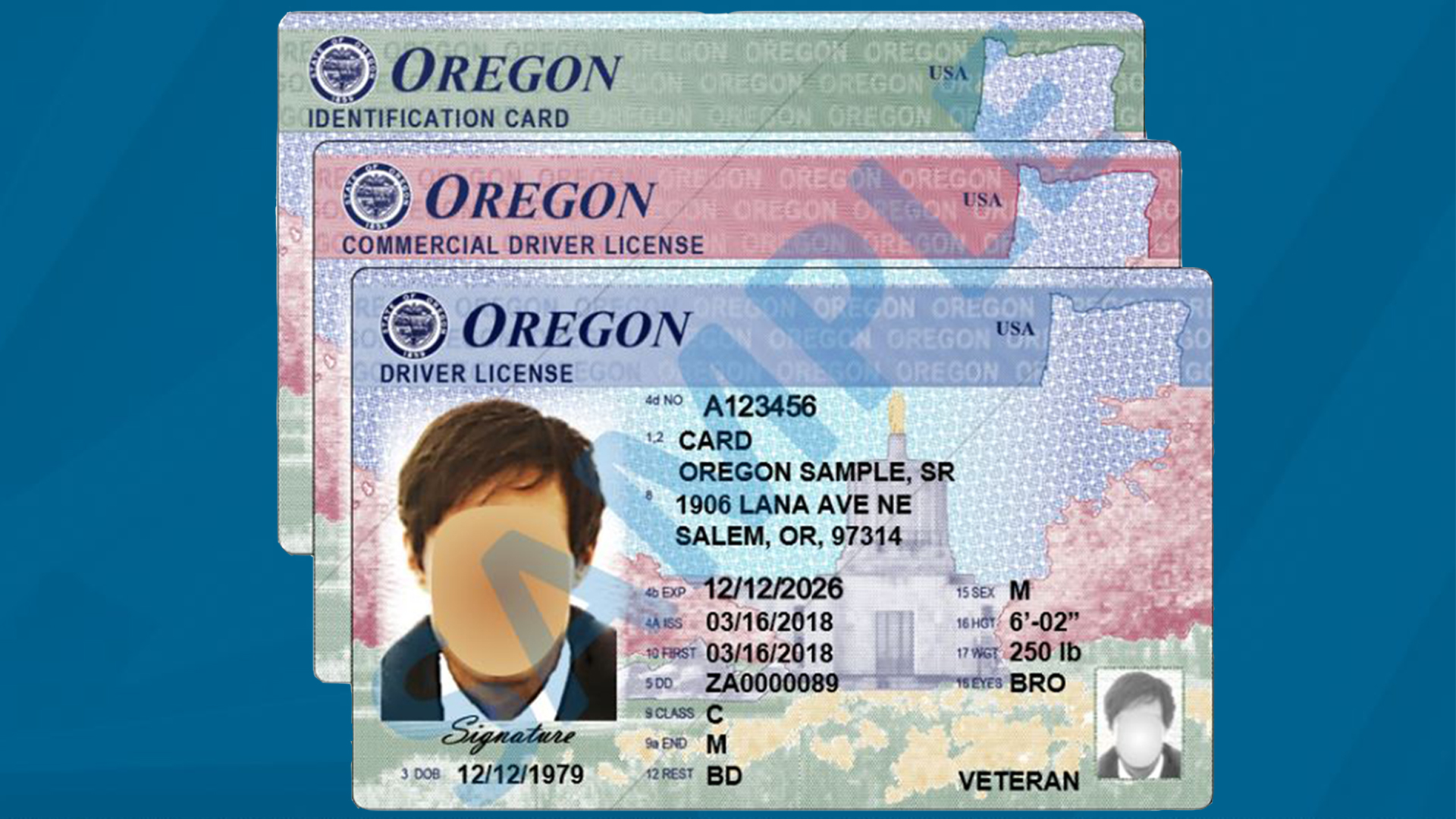 Three Oregon ID cards on a blue background were compromised in a shocking cyberattack.
