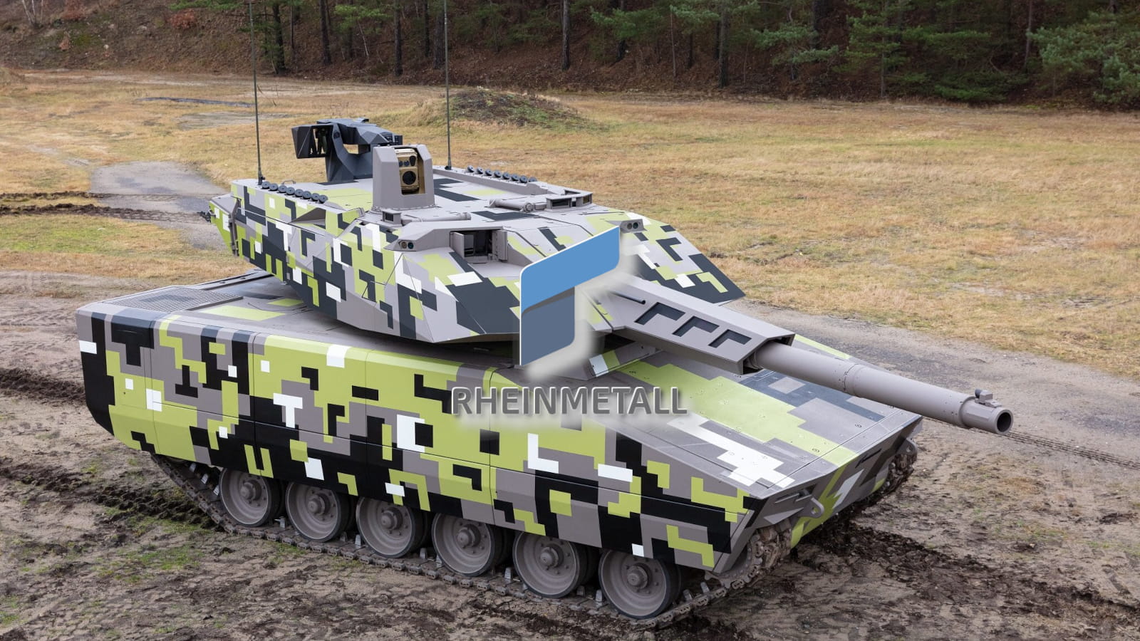 A camouflaged tank on a dirt road, providing cybersecurity solutions.