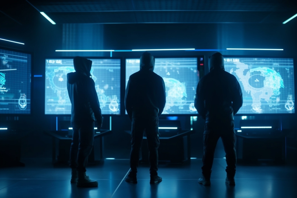 Three IT Support experts standing in front of monitors in a dark room.