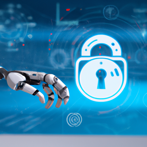 A robot is holding a padlock on a blue background while managing network and integrating with the cloud.