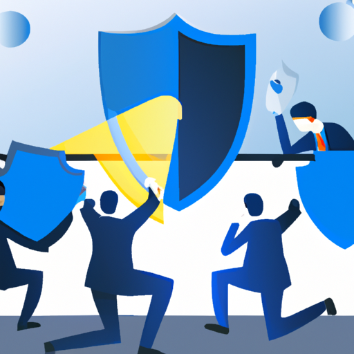 A group of people holding shields and shields for cybersecurity solutions.
