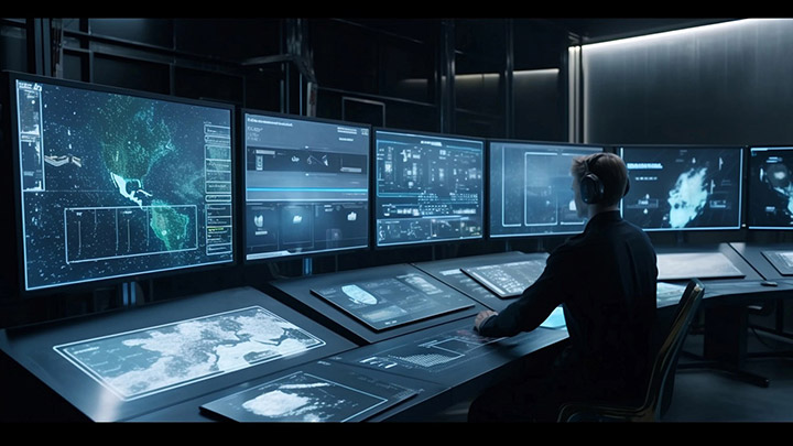A man is sitting at a desk in front of several monitors, using network security monitoring tools.