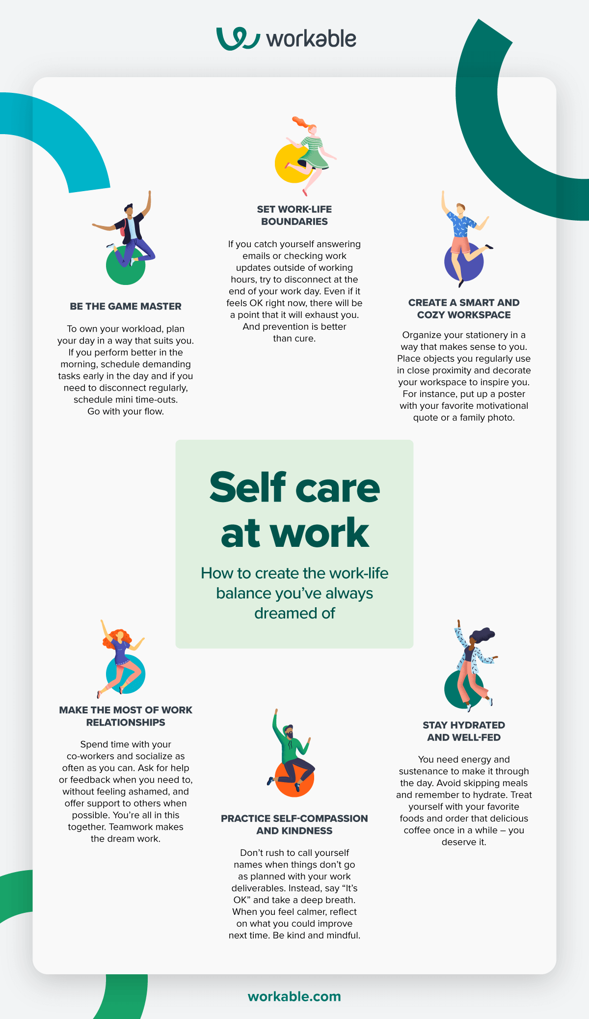 An infographic illustrating self care practices at work with emphasis on IT support and data recovery.