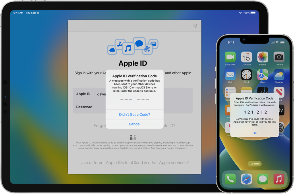 The Apple ID app on an iPhone and iPad with cloud integration.