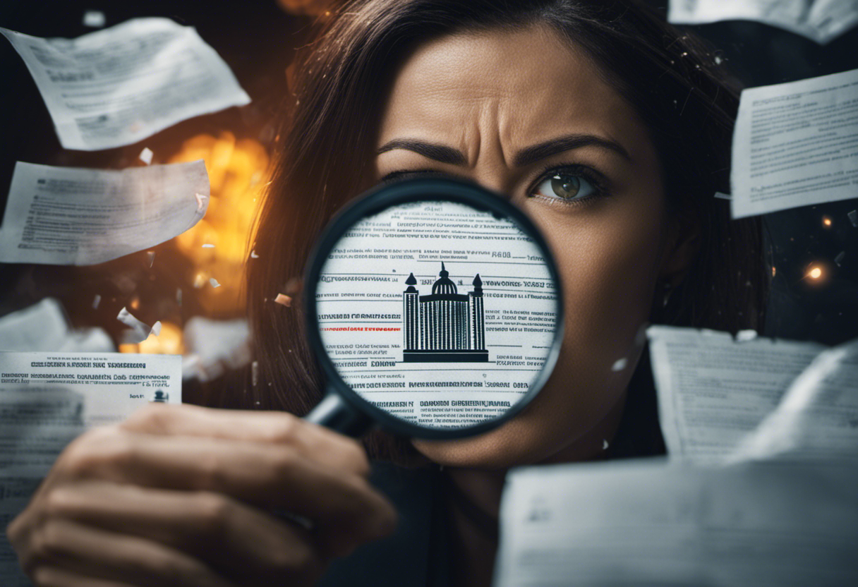 worried businesswoman closely examining a magnifying glass over documents with subtle SEC logo, surrounded by broken firewall icons, indicating a data breach
