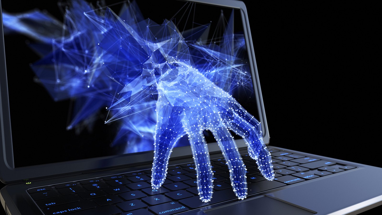 A laptop screen displaying a hand amidst a cyber attack that confiscates 400,000 corporate credentials.