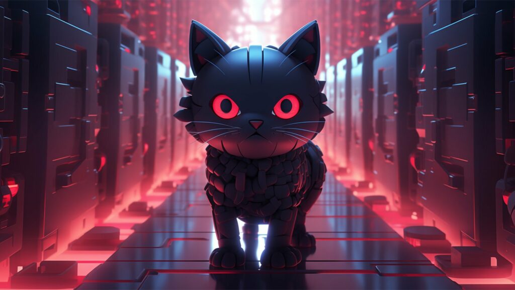 A black cat with red eyes walking through a dark tunnel, symbolizing a lurking threat of a security breach.