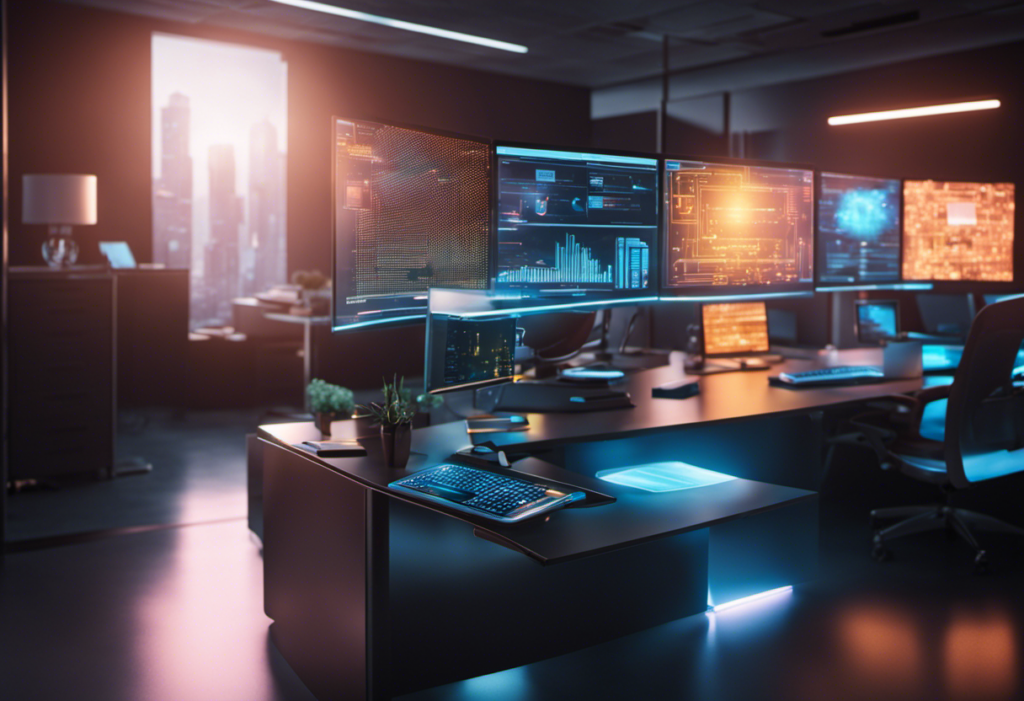, modern office with a locked computer screen, surrounded by glowing holographic shields, symbolizing various layers of cybersecurity measures in a business environment