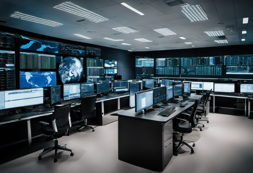 A control room with a network intrusion detection system and multiple monitors.