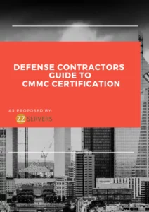 Cover of "defense contractors guide to cmmc certification" featuring a cityscape background with skyscrapers, presented by zz servers.