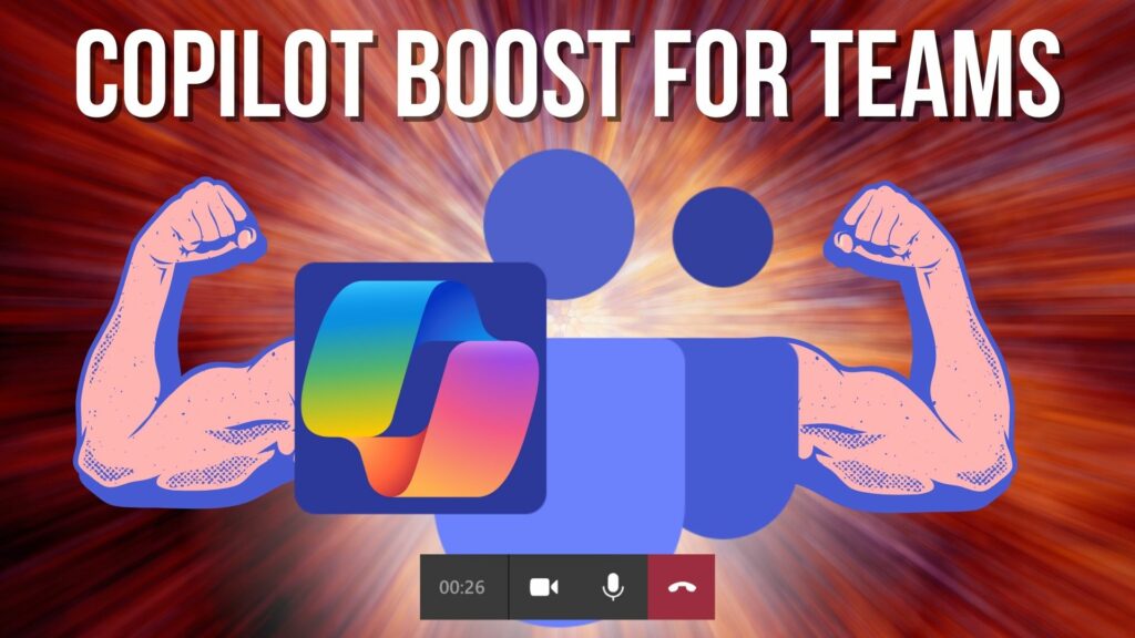 Promotional graphic for "Copilot productivity boost for teams," featuring a muscular figure with a computer screen for a head, set against a dynamic, exploding background.