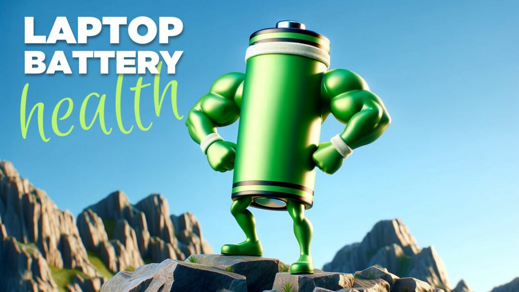 Illustration of a strong, muscular battery standing on a rock with the text "Laptop Battery Health" in the background. The setting includes mountains and a clear blue sky, revealing the secrets to help your laptop battery live longer.