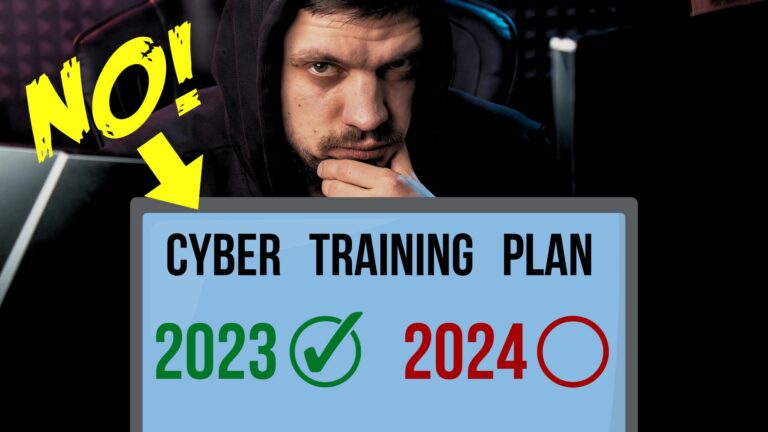 A focused man in a hoodie reviews a "cyber security training plan" for 2023 with a checkmark, and 2024 declined, marked by a screen with a bold "no!